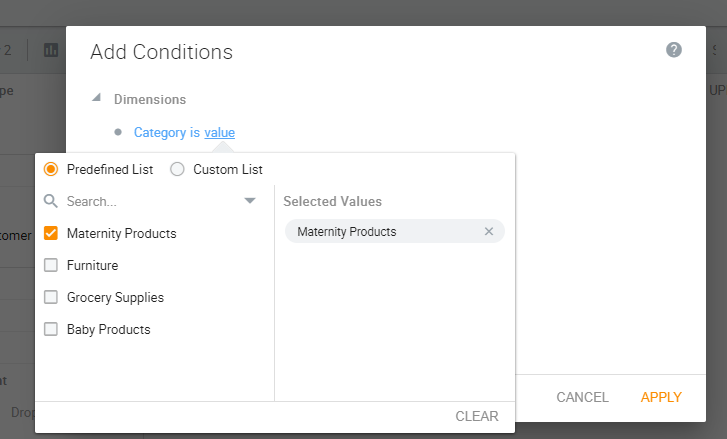 Add Conditions pop-up window where users can specify complex cohort conditions