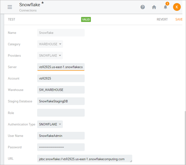 Creating a Connection for Snowflake Data Warehouse